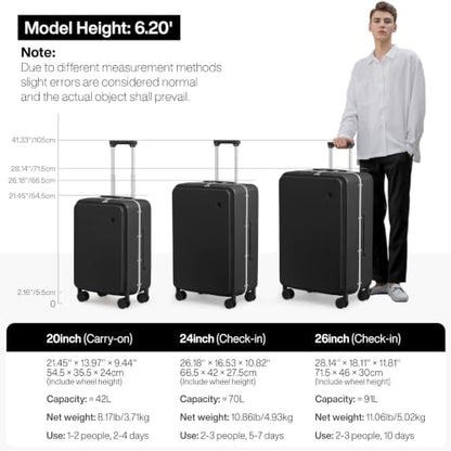 mixi 26 Inch Large Checked Luggage PC Hard Shell Suitcase Top Opening Aluminum Frame Travel Suitcases with Wheels, Black - color: Black, size: 26 inch