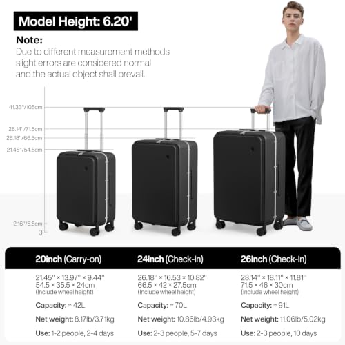 mixi 24 Inch Checked Luggage PC Hard Shell Suitcase Top Opening Aluminum Frame Travel Suitcases with Wheels, Blcak - color: Black, size: 24 inch