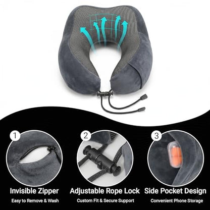 Travel Neck Pillow, 100% Memory Foam, U-Shaped with Storage Box, Dark Gray - color: Dark Gray