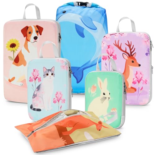 Gonex 6-Piece Compression Packing Cubes with Shoe & Laundry Bags - color: 6-Animals, size: 6 Set
