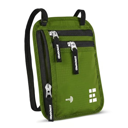 Zero Grid RFID Travel Neck Wallet, Large Passport Holder, Green - color: Green, size: Solo/Couple
