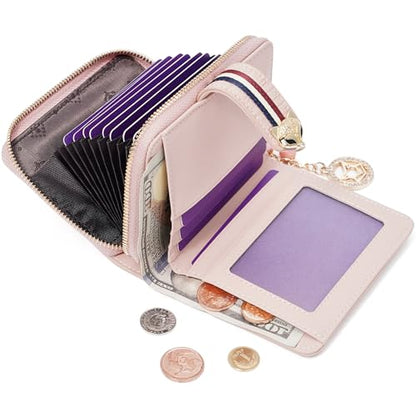 FOXLOVER Genuine Leather Zip Small Wallet Women RFID Blocking Credit Card Bifold Wallet Business Card Holder with ID Window(Pink) - color: 02-Pink