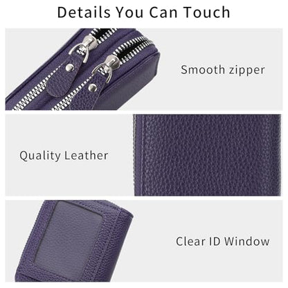 RNIEGA Credit Card Holder Wallet RFID Blocking Leather Small Wallet for Women Double Zipper Wallet with ID Window - color: A-Dark Purple