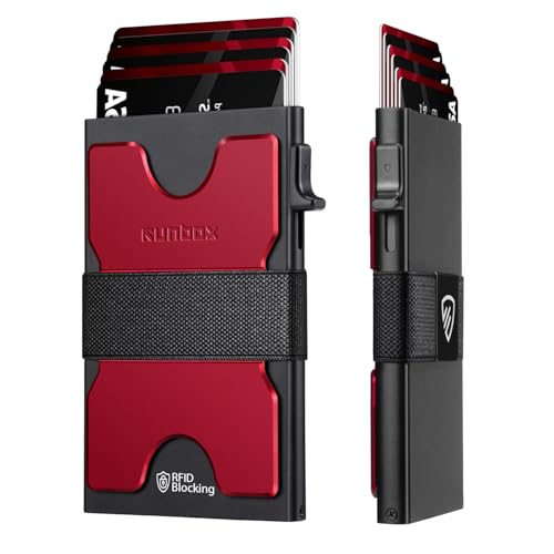 RUNBOX Slim Wallet for Men, RFID Aluminum Pop-Up Card Holder for 12 Cards - color: Matt Red