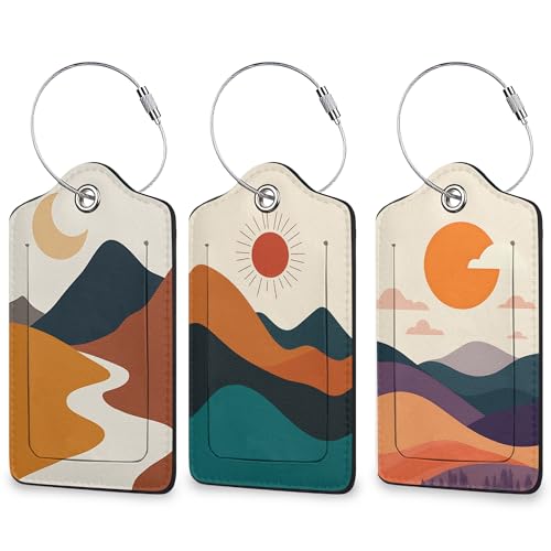 Boho Sun Mountain 여행 가방용 3팩 수하물 태그, 가죽 가방 태그, 프라이버시 커버 ID 라벨 및 내구성 있는 스틸 루프 포함, 크루즈 공항 여행용 - color: Boho Sun Mountain