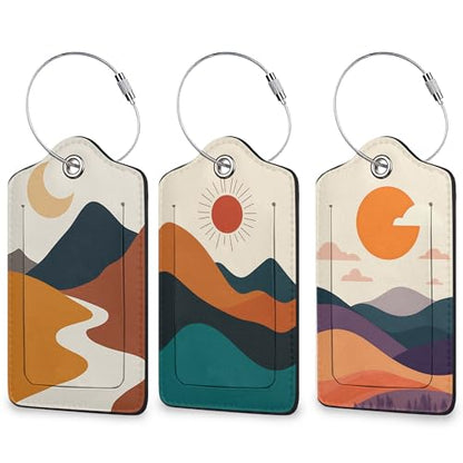 Boho Sun Mountain 여행 가방용 3팩 수하물 태그, 가죽 가방 태그, 프라이버시 커버 ID 라벨 및 내구성 있는 스틸 루프 포함, 크루즈 공항 여행용 - color: Boho Sun Mountain