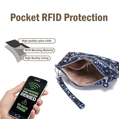 Small Wristlet Wallets for Women Nylon RFID Cross body bag - color: Floral Blue
