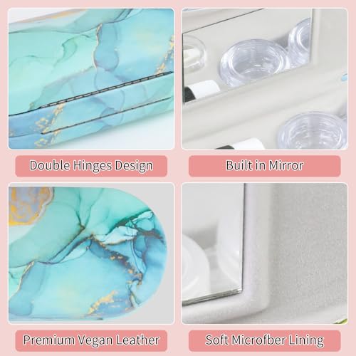 2 in 1 Contact Lens Case and Eyeglasses Case for Women Men Kids, Double Sided Hard Shell Portable Glasses Travel Holder with Built-in Mirror, Contact Lens Box (Green Marble) - color: Green Marble