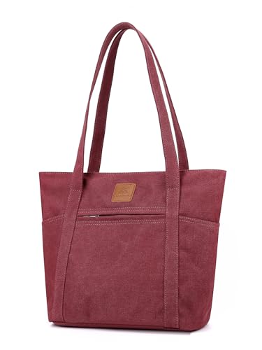 Light Canvas Shoulder Bag for Women Retro Bucket Tote - color: Burgundy