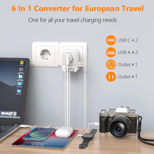 220V to 110V Voltage Converter US to Europe with 2 USB A 2 USB C Fast Charging, Power Converter for European Travel International Universal Travel Adapter for France Italy Germany Spain
