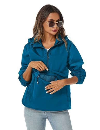 Avoogue Womens Rain Jacket with Hood,Pullover,Packable,Lightweight,Windbreaker,Waterproof,Breathable. - color: Pbl, size: Small