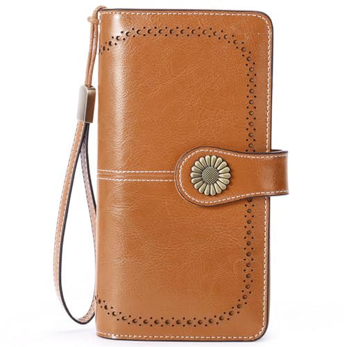 SENDEFN Wallets for Women Leather Credit Card Holder with RFID Blocking Large Capacity Wristlet - color: 1-Wax-Brown-1