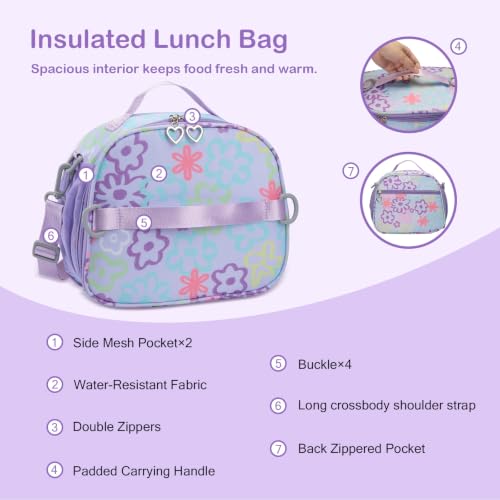 Rexmore Girls 3Pcs Backpack Set with Lunch Box & Pencil Case, Purple - color: Purple