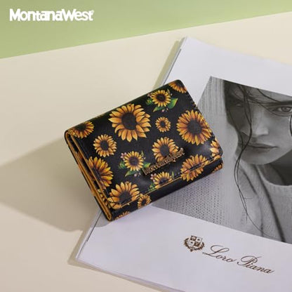 Montana West Small Wallets Woman RFID Blocking Wallet Trifold Pocket Wallet with ID Window - color: Z Black Sunflower