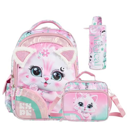KidsPUNK Backpack for Girls Elementary:16 In School Bookbag with Lunch Box - color: 16 Inch Pink Cat 3 in 1