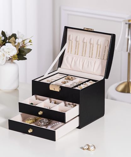 Homde Small Jewelry Box for Girls: 3-Layer Lockable Organizer(Black) - color: Graphite Black