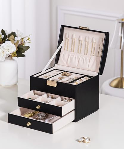 Homde Small Jewelry Box for Girls: 3-Layer Lockable Organizer(Black) - color: Graphite Black
