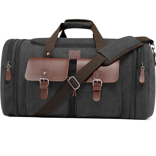Canvas Duffle Bag for Men - 50L Expandable Travel Duffel Bags - color: Black, size: Large-50L