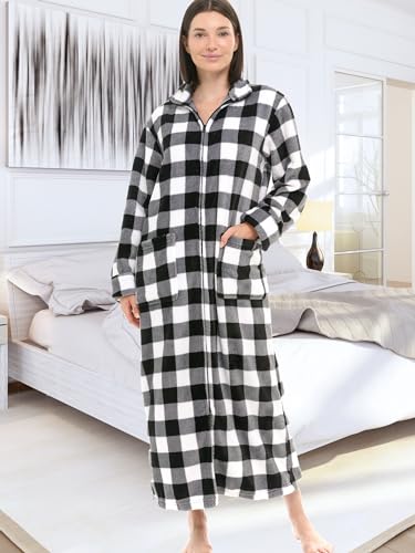 Women's Long Sleeve Plush Fleece Zip Up Robe, Zipper Bathrobe - color: Buffalo Check White Black Plaid, size: 3X