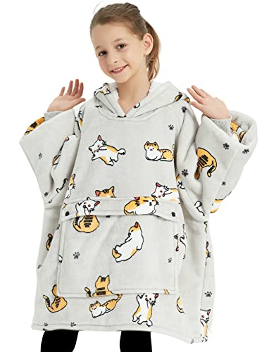 KFUBUO Wearable Blanket Hoodie for Kids With Pocket, 6-10 Year Old, Cat - color: Cat, size: Kids 6-10YR