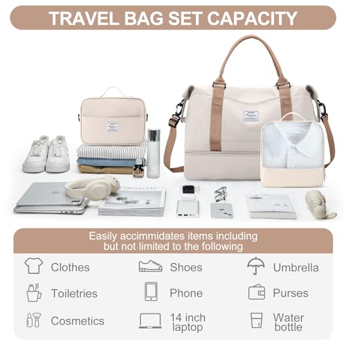 Weekender Bags for Women,Travel Duffle Overnight Bag with Shoe Compartment - color: Beige & Brown-3Pcs, size: Large