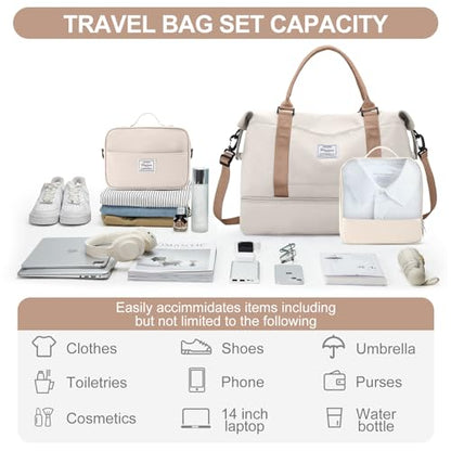 Weekender Bags for Women,Travel Duffle Overnight Bag with Shoe Compartment | Personal Item Carry On Bag,Gym Bag,3 Pcs Set - color: Beige & Brown-3Pcs, size: Large