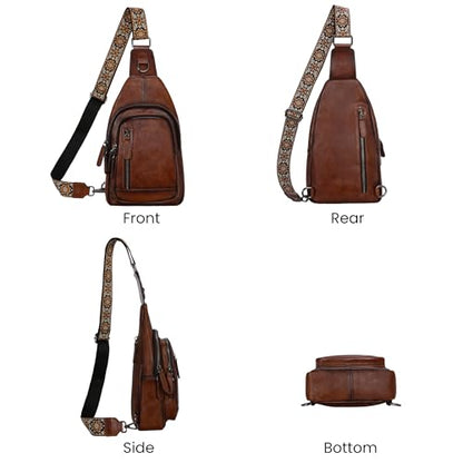 HESHE Leather Sling Bag for Women RFID Crossbody Purse Fanny Pack Chest Bag - color: Coffee