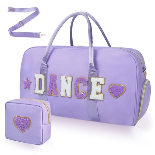 Dance Bag for Girls 2PCS Ballet Cheer Bag with Shoes Compartment Chenille Letter Embroidery for Dancer Travel Overnight bag - color: Purple