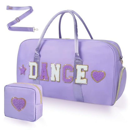 Dance Bag for Girls 2PCS Ballet Cheer Bag with Shoes Compartment Chenille Letter Embroidery for Dancer Travel Overnight bag - color: Purple