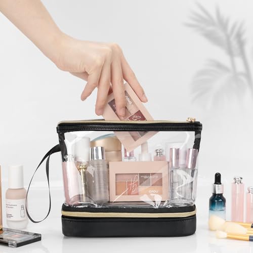 Clear Makeup Bag with Brushes Compartment Travel TSA Approved Toiletry Bag - color: 01-leather black clear