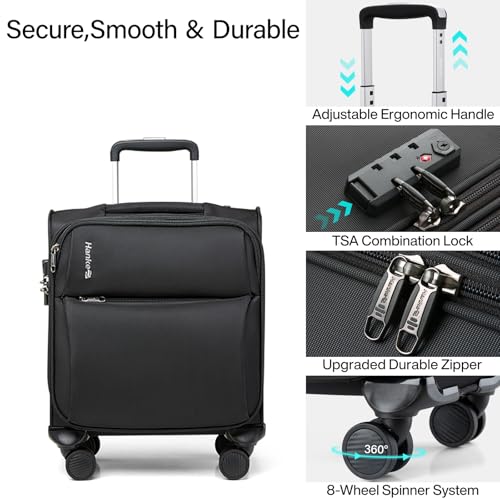 Hanke Underseat Carry On Luggage with Wheels, Small Suitcase, Rolling Bag - color: Black, size: 16 Inch Underseat