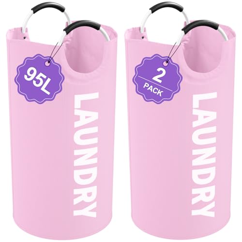 Pink Laundry Basket,Hampers for Laundry with Handle,Foldable Clothes Basket - color: 2Pcs Pink, size: L-95L