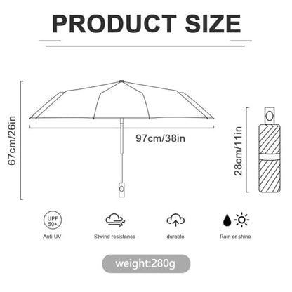 Automatic Windproof Travel Umbrella - Auto Open Close Compact Folding for Rain, Sun Protection Tote With Black Coating for Women Men