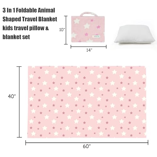 3-in-1 Kids Travel Blanket and Pillow Set - 40x60 Inch Blanket - color: Pink Star