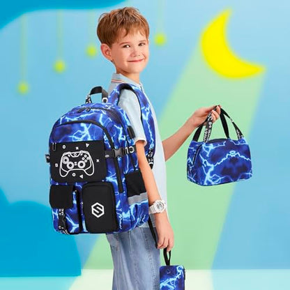 Scothen Boys Backpack, Cool Luminous Kids School Backpacks with Lunch Bag - color: Lightning-blue