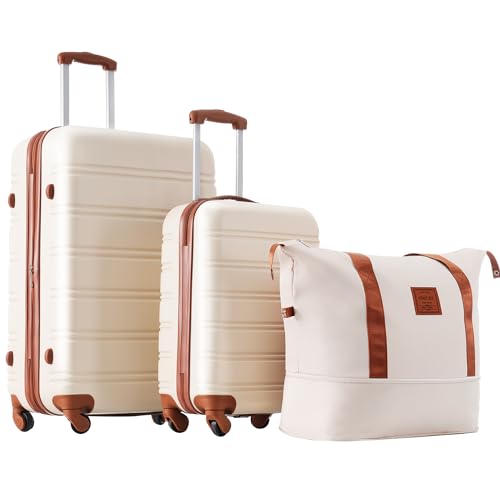 Merax Luggage Set 2 Piece 20 28 IN Hardside Suitcase with Bag,Brown+White - color: Brown+White(20+28+bag)