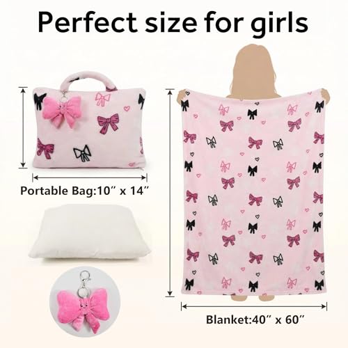 3-in-1 Kids Travel Blanket and Pillow Set - color: Pink Bow