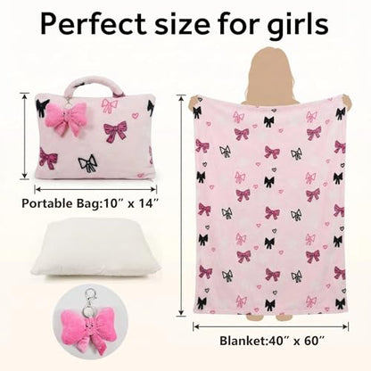 3-in-1 Kids Travel Blanket and Pillow Set - color: Pink Bow