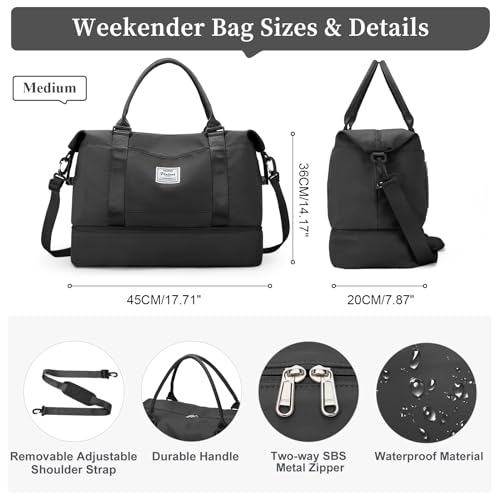 Travel Duffel Bag with Shoes Compartment, Weekender Bags for Women - color: A-Black, size: Medium