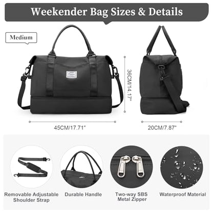 Travel Duffel Bag with Shoes Compartment, Weekender Bags for Women - color: A-Black, size: Medium