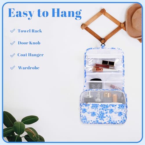 Hanging Toiletry Bag for Women, Portable Cosmetic Summer Beach Bag, Floral - color: blue&white