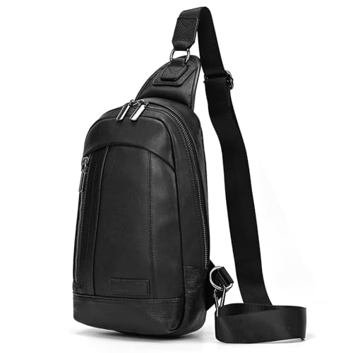 Genuine Leather Sling Bag Multi-pocket Chest Bag for Men Hiking Travel Daypack - color: 9341 Black