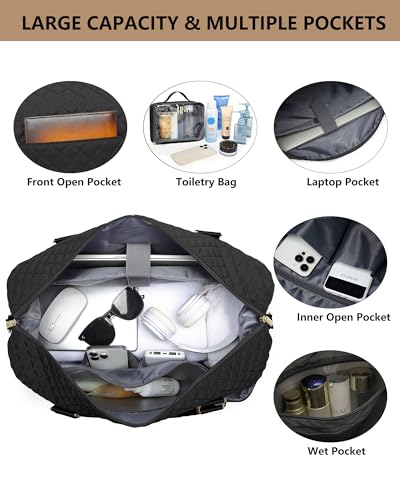 Weekender Travel Duffle Bag for Women: Overnight Bags with Shoe Compartment - color: 1-Black, size: Large