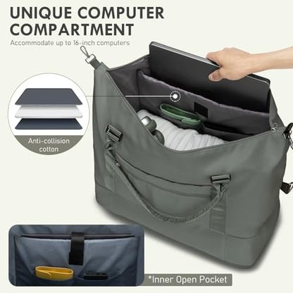 WOOMADA Weekender Overnight Bag for Women, Shoulder Travel Duffel with Shoes Compartment,Gym Bag with Toiletry Bag - color: Army Green