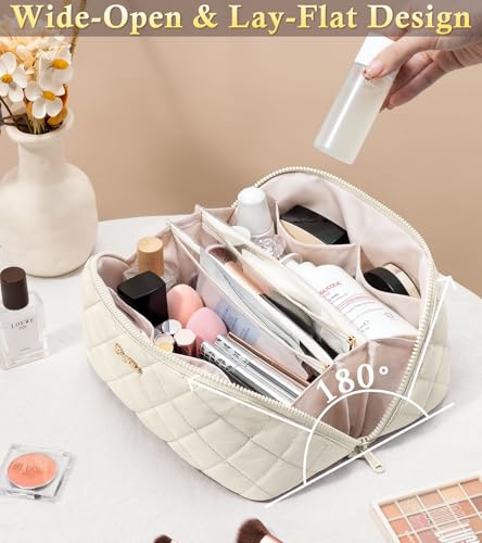 Travel Makeup Bag, Large Capacity Puffy Toiletry & Cosmetic Bag for Women - color: Off-White, size: large