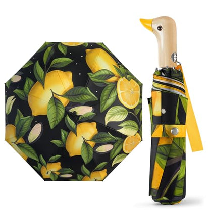 Duck Cute Travel Compact Umbrella Automatic, Wooden Handle for Gifts Women - color: 13. Lemon, size: 23 inch ARC