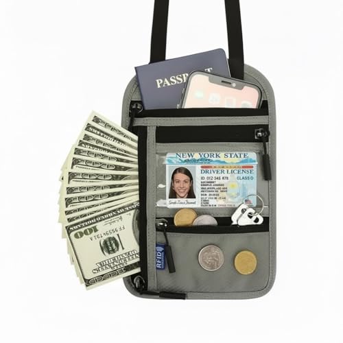 Neck Travel Wallet with RFID Blocking, Passport Holder, Slim, Lightweight, 5 Pockets, Easy to Conceal (Light Gray) - color: Light Gray