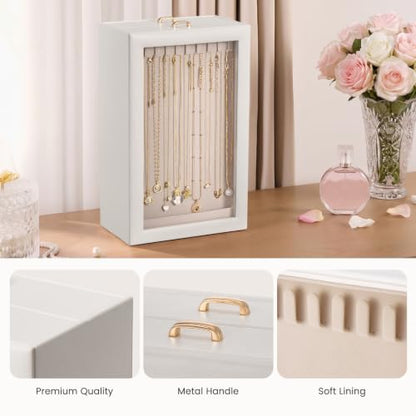 Lolalet Necklace Organizer Box, Jewelry Display Case, White, 4 Layers - color: White, size: 4 Layers, 40 Hooks