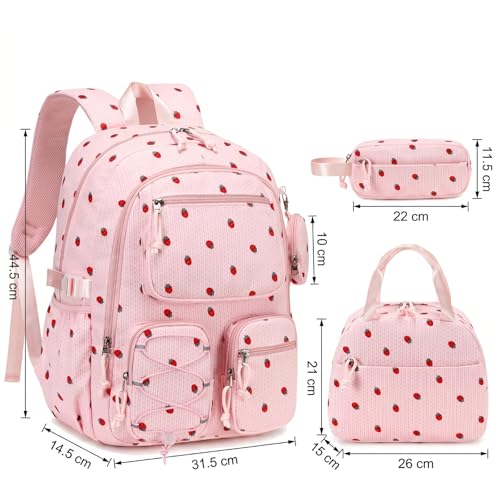 PiPiCat Backpack for Girls 4 in 1 Back to School Bookbag - color: K2 Pink Strawberry