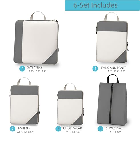 Compression Travel Packing Cubes with White Mesh, Grey, 6Pcs - color: Grey, size: Set of 6
